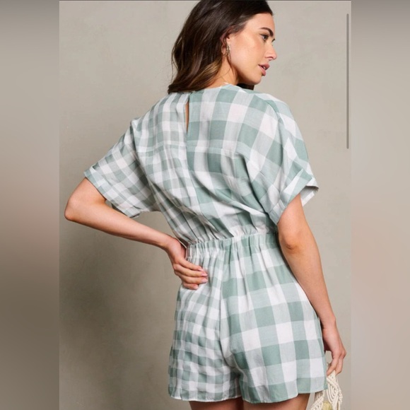 Jaiden- short sleeve plaid wrap romper - Picture 3 of 3